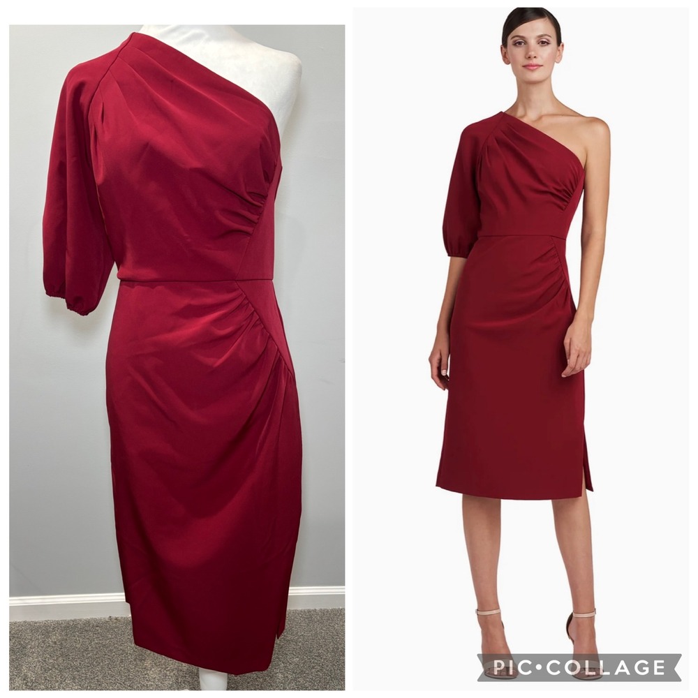 Kay Unger Brea Midi Dress 4 Ruby Wine Red One Shoulder Puff Sleeve Ruched Crepe